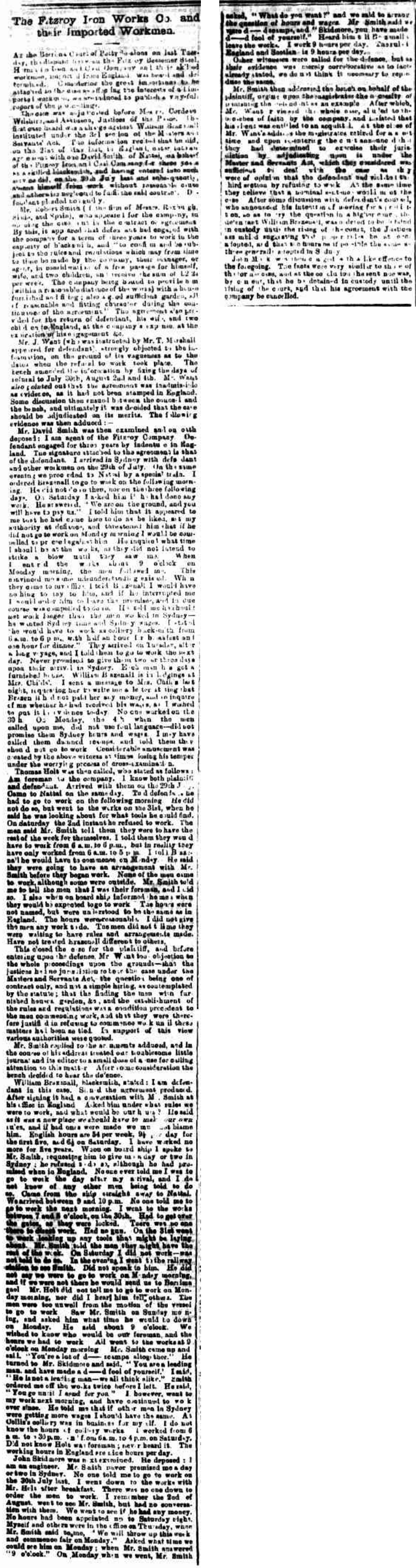1873 newspaper report on Fitzroy Iron Works and its English workmen