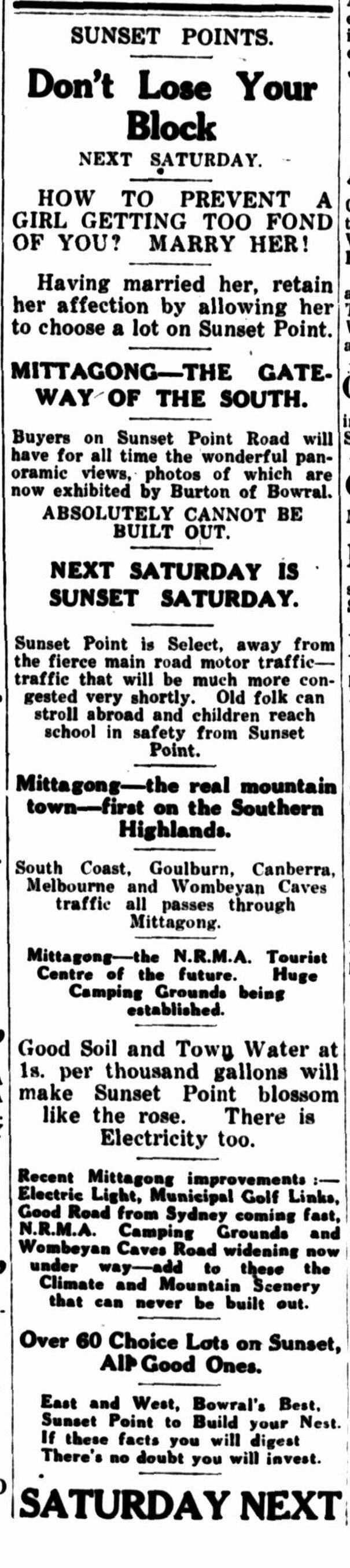 1926 Sunset Points advertisement mentioning panoramic photographs