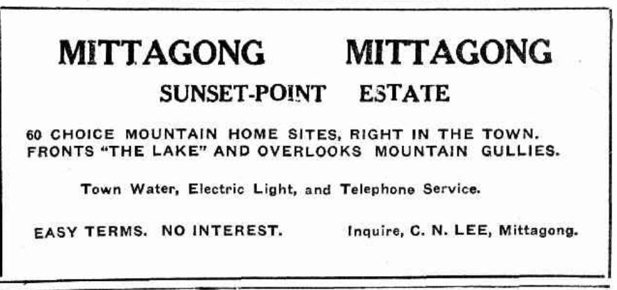 Sunset Point Estate advertisement with enquiries to C. N. Lee, 1927