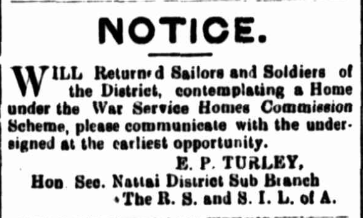 1920 local notice inviting enquiries about War Service Homes