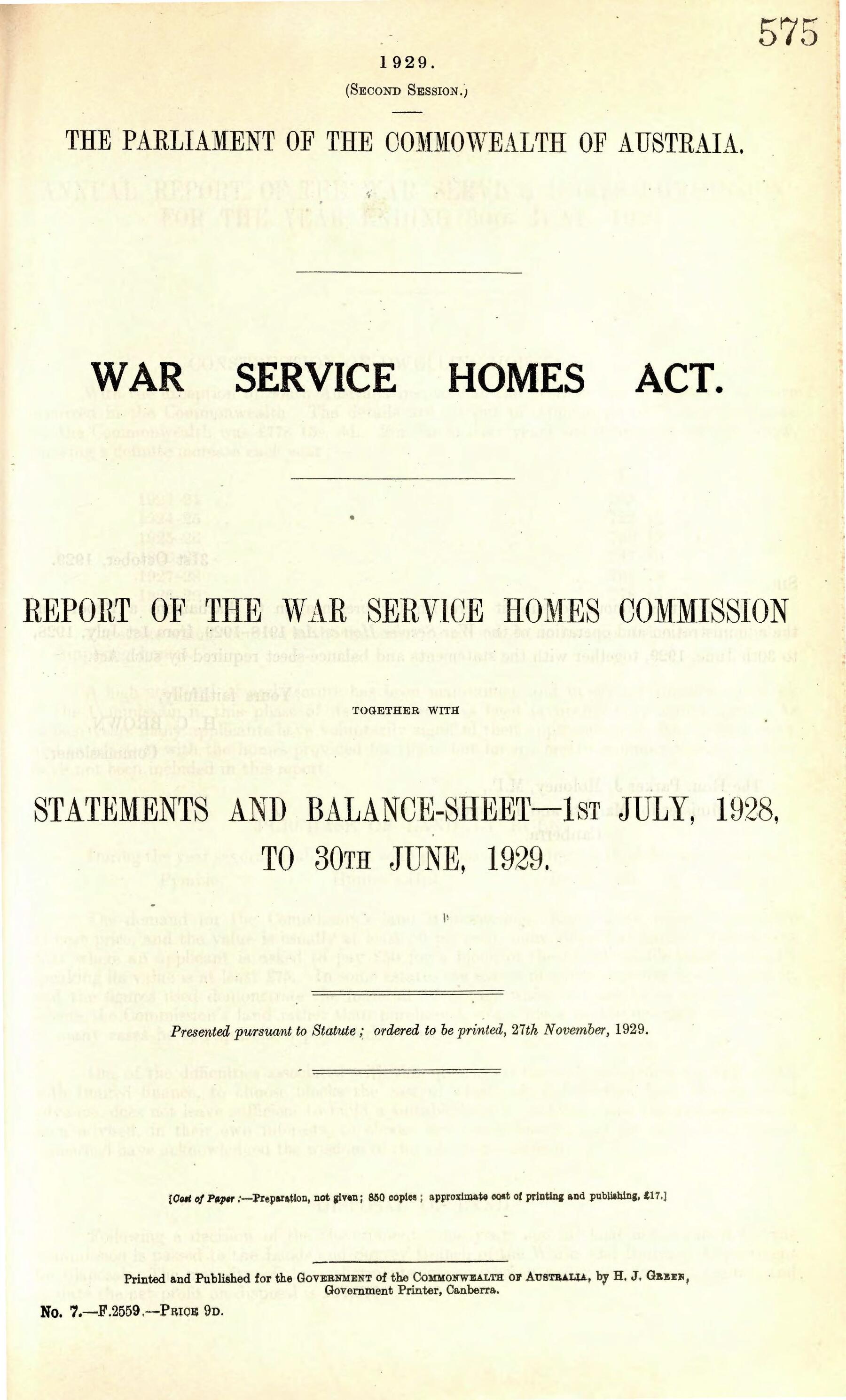 War Service Homes Commission 1929 annual report